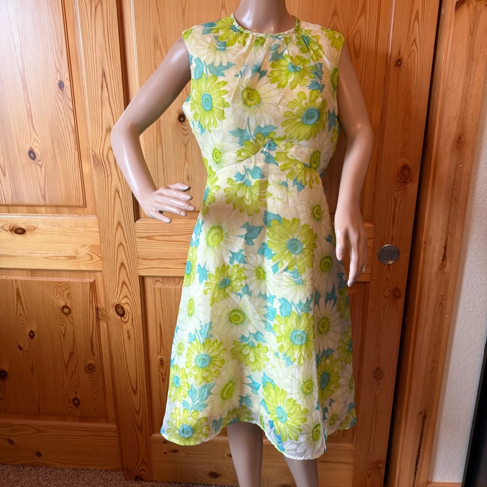 Vintage 60s 70s Dress Size S M Layered Chiffon Floral Yellow Green Feminine Mod